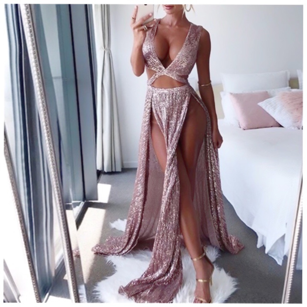 sexy cut out plunge neck high slit long dress🥂✨ - Picture 5 of 5